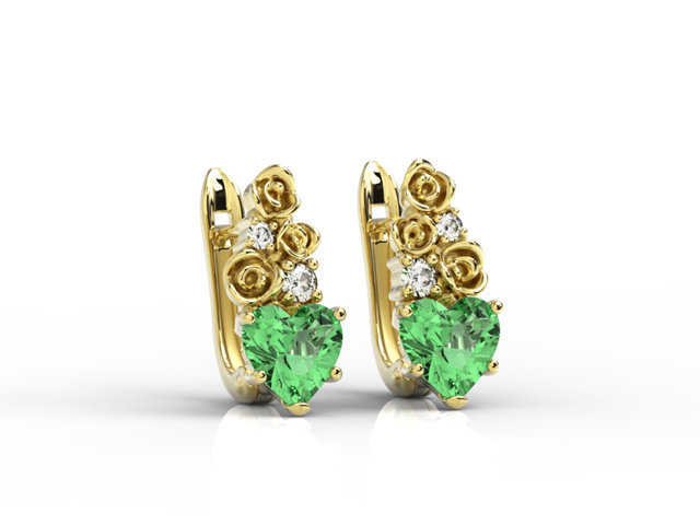 Kolczyki z żółego złota z topazami zielonymi w kształcie serca i diamentami APK-53Z