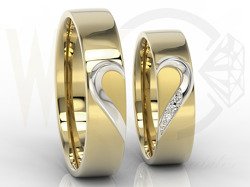 Obrączki ślubne z sercem, z żółtego i białego złota, w damskiej diamenty (para) OB-01ZB-D