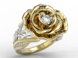 Pierścionek z żółtego i białego złota w kształcie róży z diamentami AP-95ZB