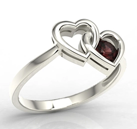 Pierścionek w kształcie dwóch serc z białego złota z granatem LP-52B