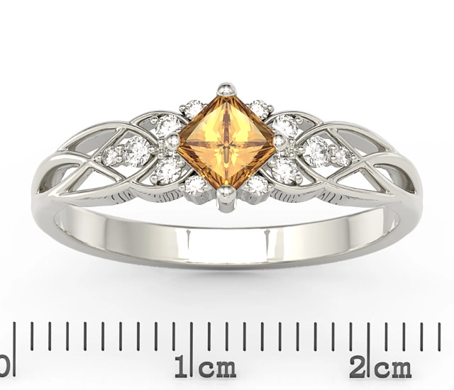 Pierścionek z białego złota z topazem Swarovski miodowym i diamentami BP-86B