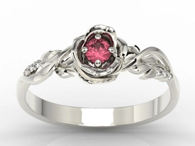 Pierścionek złoty w kształcie róży z rubinem i brylantami LP-7715B