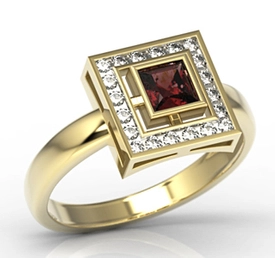 Pierścionek z żółtego złota z granatem i diamentami LP-68Z