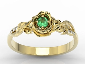 Pierścionek z żółtego złota w kształcie róży ze szmaragdem i diamentami LP-7715Z