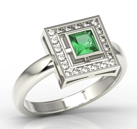 Pierścionek z białego złota ze szmaragdem i diamentami LP-68B