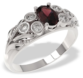 Pierścionek z białego złota z granatem i diamentami LP-38B