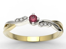 Pierścionek zaręczynowy z żółtego i białego złota z rubinem i diamentami 0,03 ct wzór AP-7009ZB