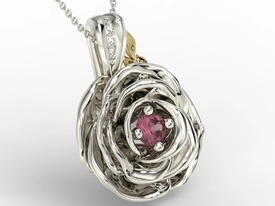 Wisiorek z białego i żółtego złota w kształcie róży z rubinem i diamentami APW-95BZ