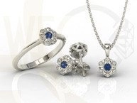 Komplet: pierścionek, kolczyki i wisiorek z białego złota z szafirami i diamentami JP-87B-ZEST