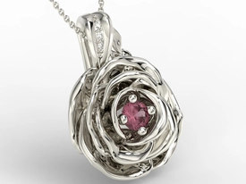 Wisiorek z białego złota w kształcie róży z rubinem i diamentami APW-95B