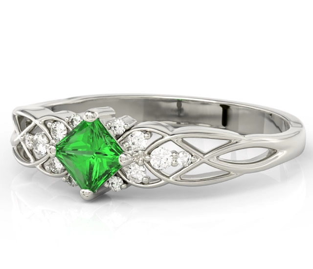 Pierścionek z białego złota z zielonym topazem Swarovski i diamentami BP-86B