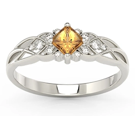 Pierścionek z białego złota z topazem Swarovski miodowym i diamentami BP-86B