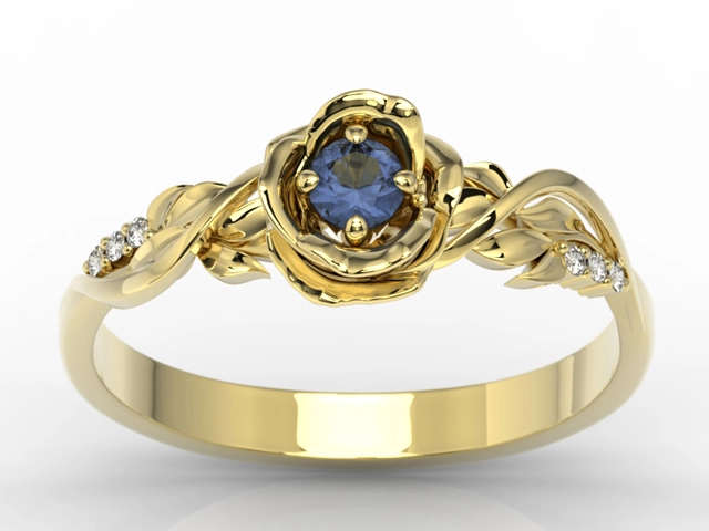 Pierścionek z żółtego złota w kształcie róży z szafirem i diamentami LP-7715Z