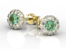 Kolczyki z żółtego i białego złota APK-42B ze szmaragdem i diamentami.