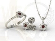 Komplet: pierścionek, kolczyki i zawieszka z białego złota z granatami i diamentami JP-87B-ZEST