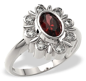 Pierścionek z białego złota z granatem i diamentami LP-57B