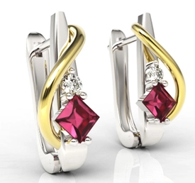 Kolczyki z białego i żółtego złota z rubinem i diamentami LPK-32BZ