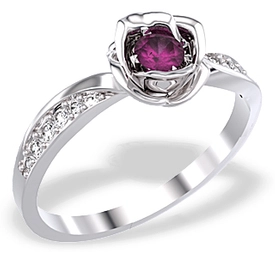 Pierścionek z białego złota w kształcie róży z rubinem i diamentami LP-4221B