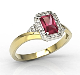 Pierścionek z żółtego i białego złota z rubinem i diamentami 0,10 ct wzór LP-84ZB