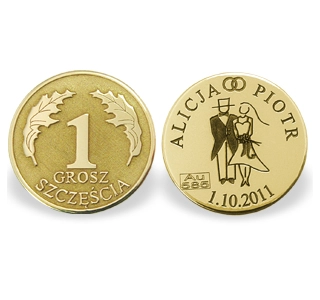 Grosz "na szczęście"  ze złota G-1Z doskonały prezent na ślub lub każdą rocznicę