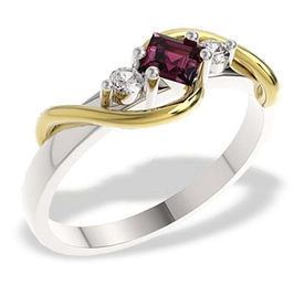 Pierścionek z białego i żółtego złota z rubinem i diamentami, LP-32B