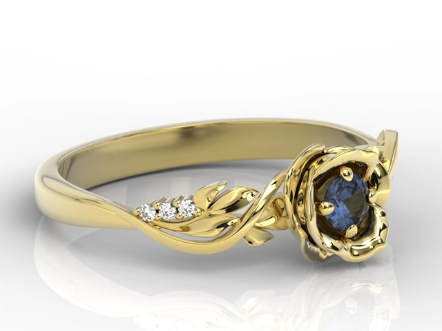 Pierścionek z żółtego złota w kształcie róży z szafirem i diamentami LP-7715Z