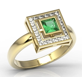 Pierścionek z żółtego złota ze szmaragdem i diamentami LP-68Z