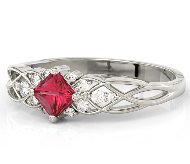 Pierścionek z białego złota z topazem Swarovski Red i diamentami BP-86B