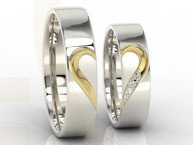 Obrączki ślubne z sercem, z białego palladowego i żółtego złota, w damskiej diamenty (para) OB-01BZ-R