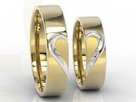 Obrączki ślubne z sercem, z żółtego i białego złota, w damskiej diamenty (para) OB-01ZB-D