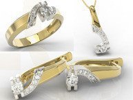 Zestaw: pierścionek, kolczyki i wisiorek z żółtego i białego złota z diamentami JP-66ZB-ZEST