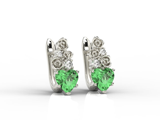 Kolczyki z białego złota z topazami zielonymi w kształcie serca i diamentami APK-53B