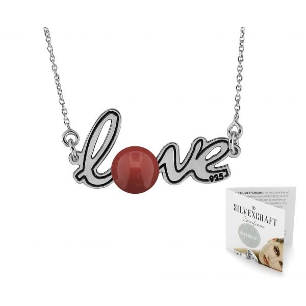 Naszyjnik ze srebra z napisem LOVE i perłą Swarowski Elements (czerwoną)