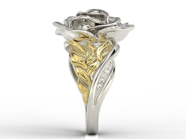 Pierścionek z białego i żółtego złota w kształcie róży z rubinem i diamentami AP-95BZ