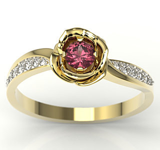 Pierścionek z żółtego złota w kształcie róży z rubinem i diamentami LP-4234B