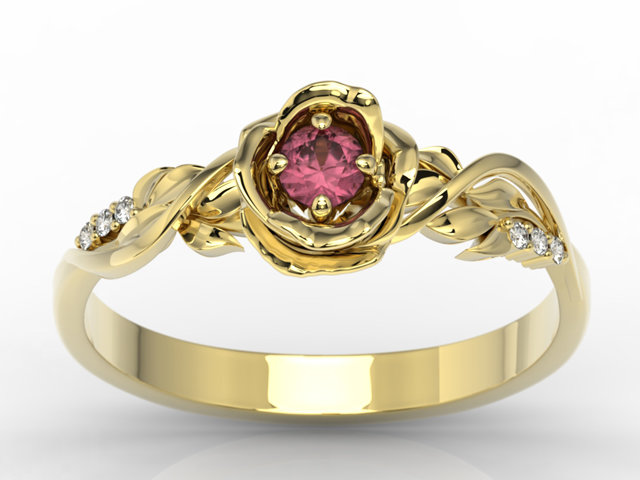 Pierścionek z żółtego złota w kształcie róży z rubinem i diamentami LP-7715Z
