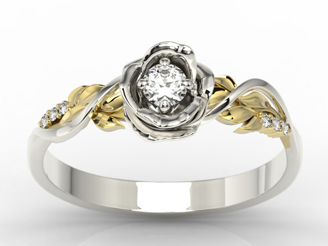 Pierścionek złoty w kształcie róży z białym szafirem i brylantami LP-7715BZ