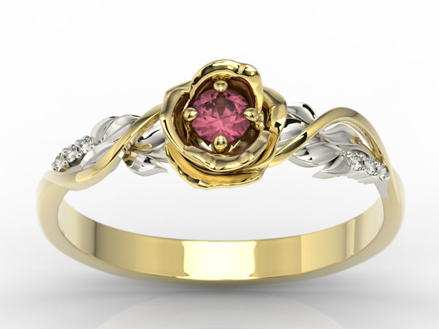 Pierścionek złoty w kształcie róży z rubinem i brylantami LP-7715ZB
