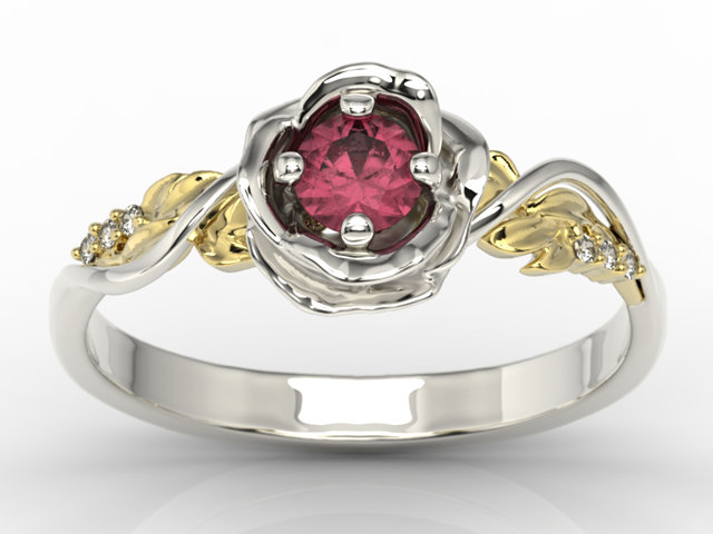 Pierścionek złoty w kształcie róży z rubinem i brylantami LP-7730BZ