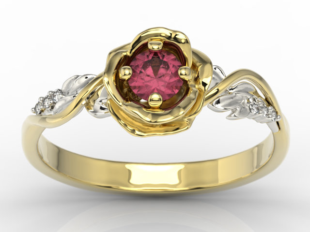 Pierścionek złoty w kształcie róży z rubinem i brylantami LP-7730ZB