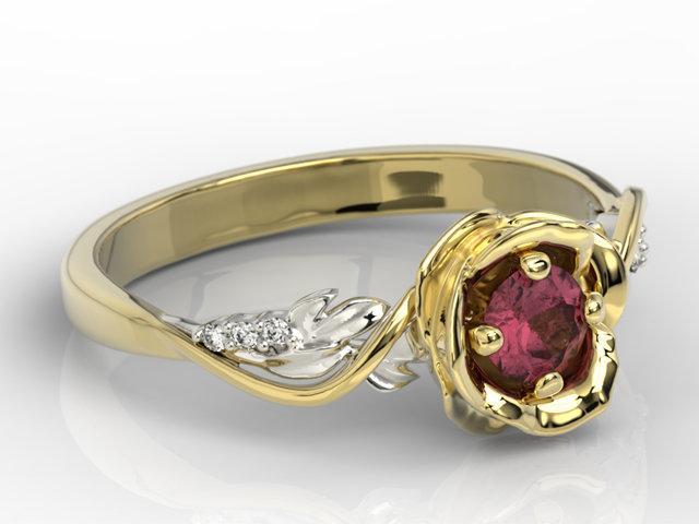 Pierścionek złoty w kształcie róży z rubinem i brylantami LP-7730ZB