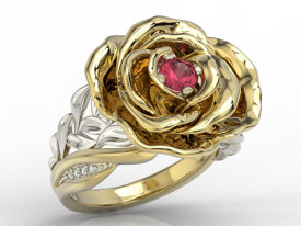 Pierścionek z żółtego i białego złota w kształcie róży z rubinem i cyrkoniami AP-95ZB-C