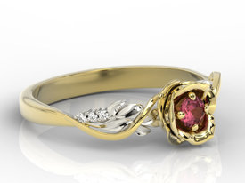 Pierścionek złoty w kształcie róży z rubinem i brylantami LP-7715ZB